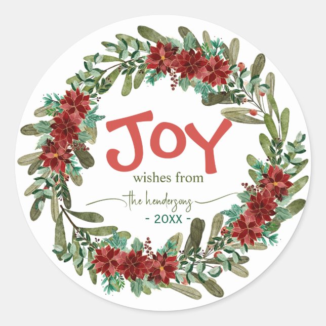 Adesivo Joy Handwritten Script Name Red Christmas Wreath  (Frente)