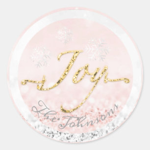 Adesivo Joy Holidays Name Snowflakes Rosa Dourado Glitter