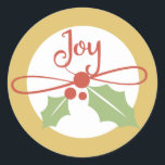 Adesivo Joy Holly Dourado e Red Christmas Stickers<br><div class="desc">Vinhetas de Natal com fundo de ouro,  circulares brancas com um timbre de sprim com bagas vermelhas e fita e texto vermelho que lê Joy! Também temos cartões com fotos de férias,  etiquetas de endereço e selos de correio!</div>