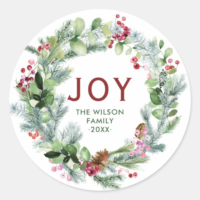 Adesivo Joy - Nome da Família Festiva Wreath de Natal (Frente)