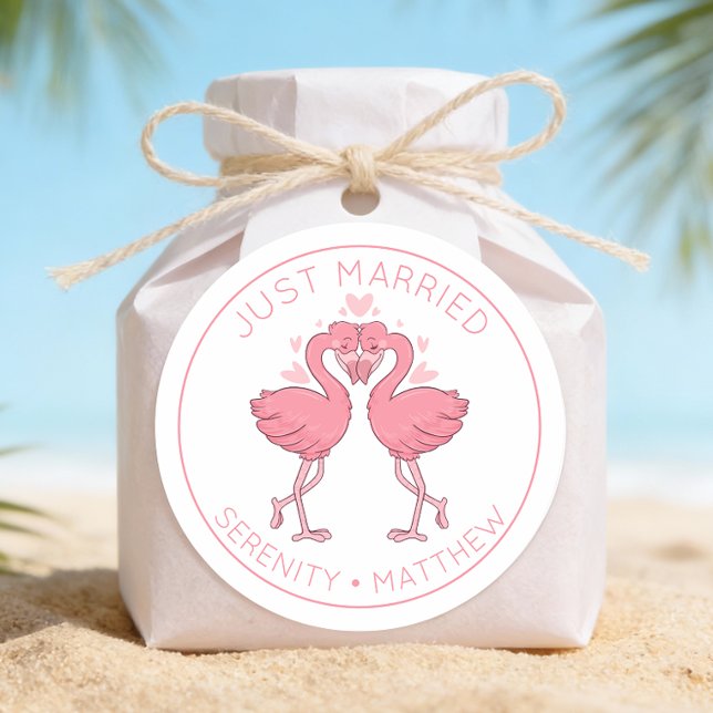 Adesivo Just Married Pink Flamingos Tropical Beach Wedding (Criador carregado)