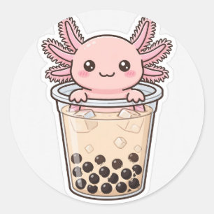 Adesivo Kawaii Axolotl Boba Tea — Axolote Rosa Fofo em Bol