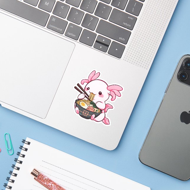 Adesivo Kawaii Axolotl Eating Ramen (Notebook com iPhone)