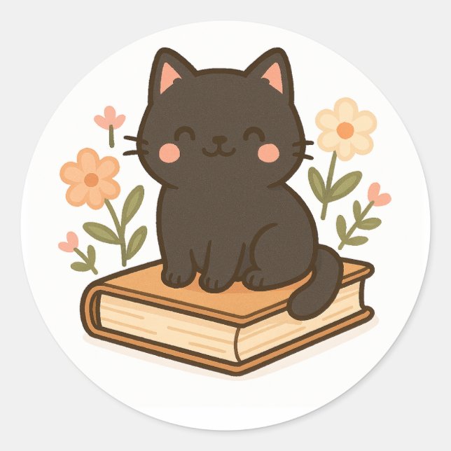 Adesivo Kawaii Black Cat on Book – Cozy Sticker (Frente)
