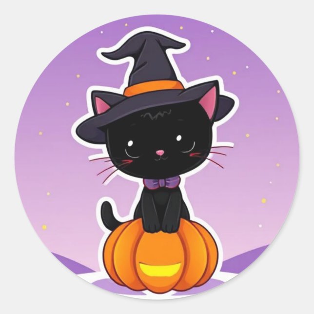 Adesivo Kawaii Black Cat Pumpkin Halloween Sticker (Frente)