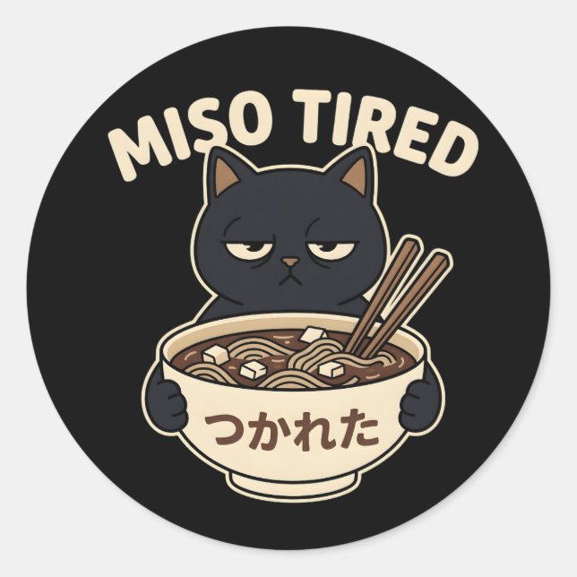 Adesivo Kawaii Cat Miso Tired Ramen Bowl Food Humor Style (Frente)