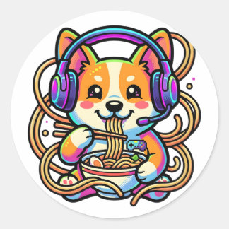 Adesivo Kawaii Cute Corgi Gamer Comendo Ramen Badge