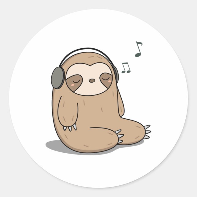 Adesivo Kawaii Cute Sloth Ouvindo Música (Frente)