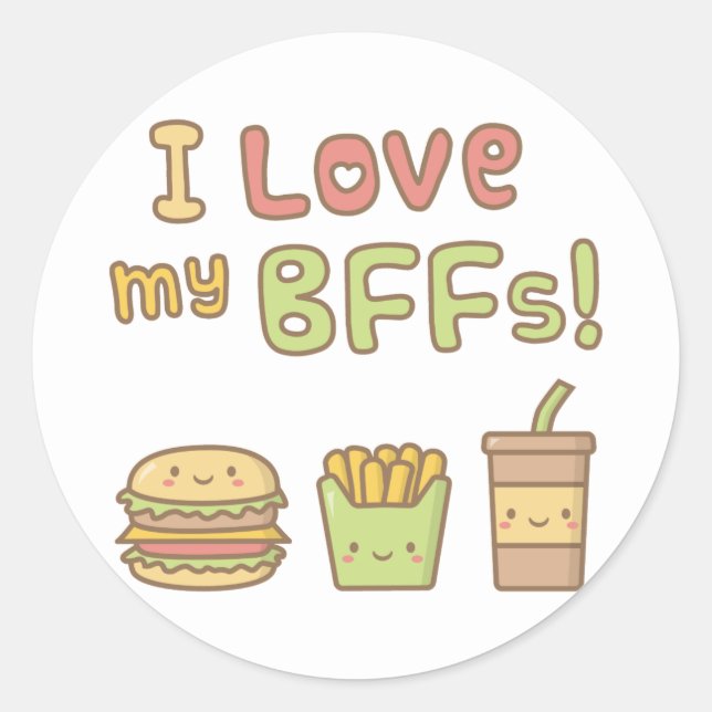 Adesivo Kawaii Eu Amo Meus BFFs Doodle de Comida Rápida (Frente)
