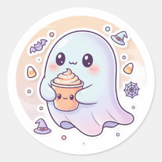 Adesivo Kawaii Ghost com Pumpkin Latte - Bonito Halloween 