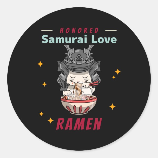 Adesivo Kawaii Honrou Samurai Cat Eat Ramen (Frente)