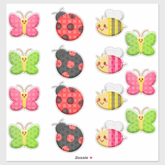 Adesivo Kawaii Ladybug Butterfly Bumble Bee Insect (Folha)