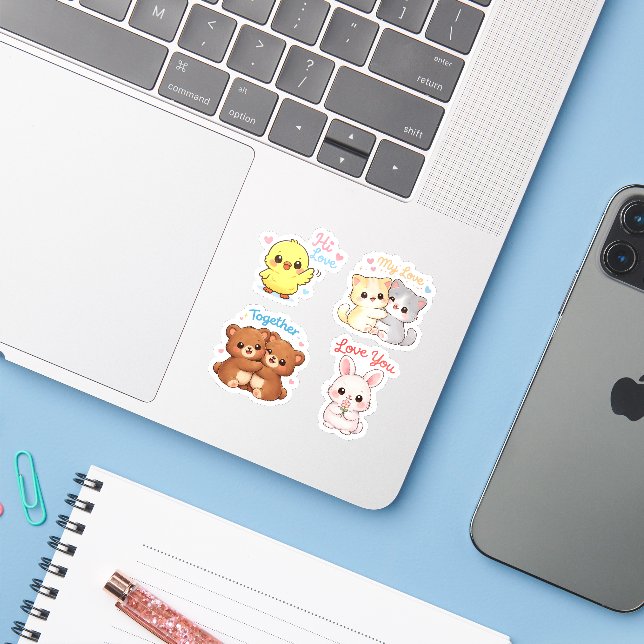 Adesivo Kawaii Love Animals Sticker Set – Sweet Valentine  (Notebook com iPhone)