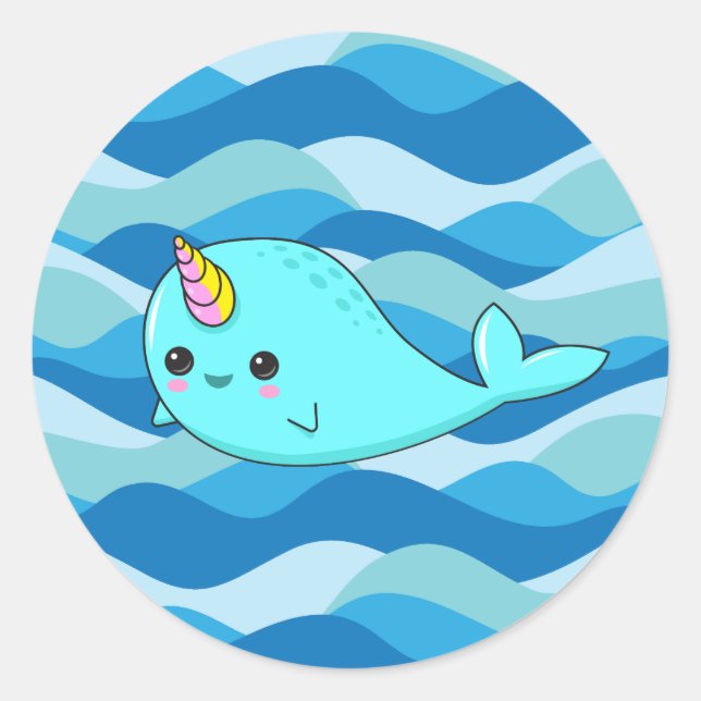Adesivo Kawaii Narwhal em Blue Waves Sticker (Frente)