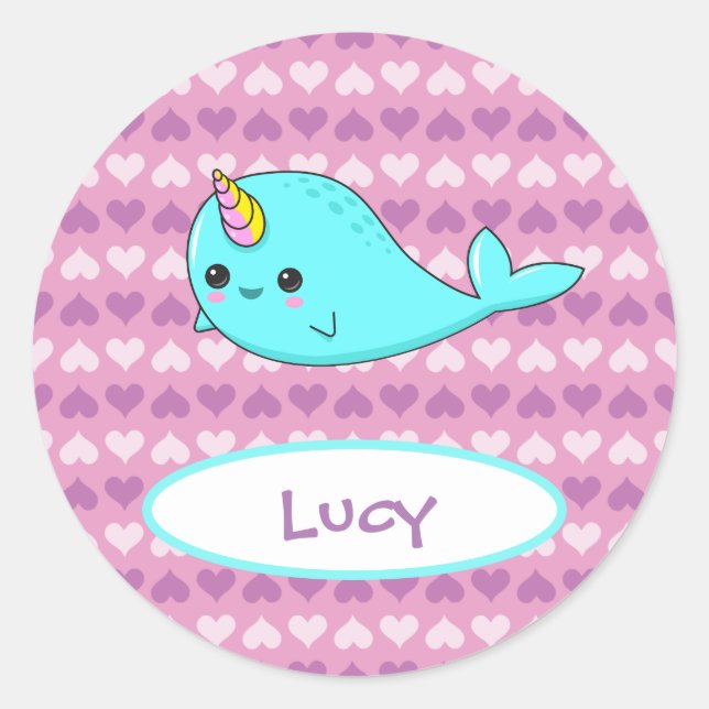 Adesivo Kawaii Narwhal Purple Heart Name Sticker (Frente)