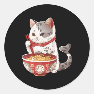 Adesivo Kawaii NeKo Cat Comendo Ramen Noodles Comida Japon