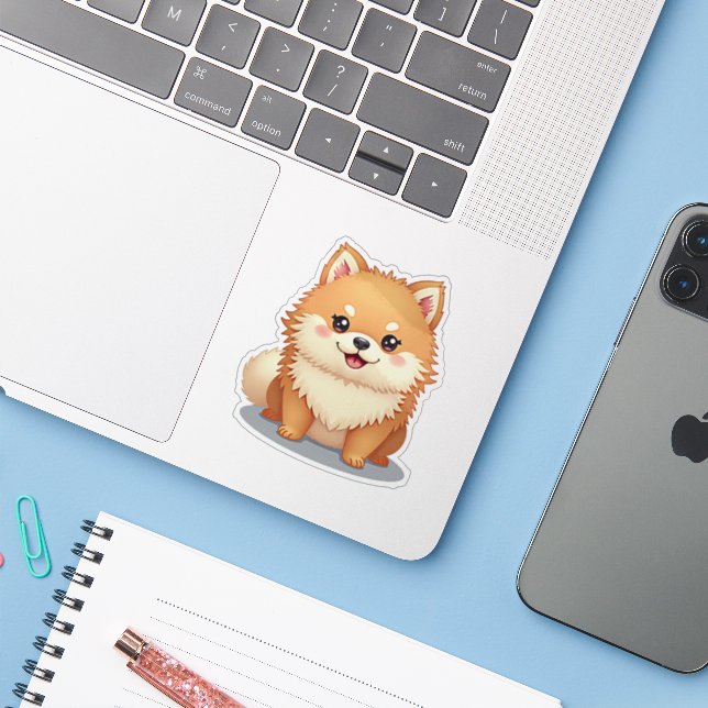 Adesivo Kawaii Pomeranian, Arco charmoso-Uau, pequeno (Notebook com iPhone)