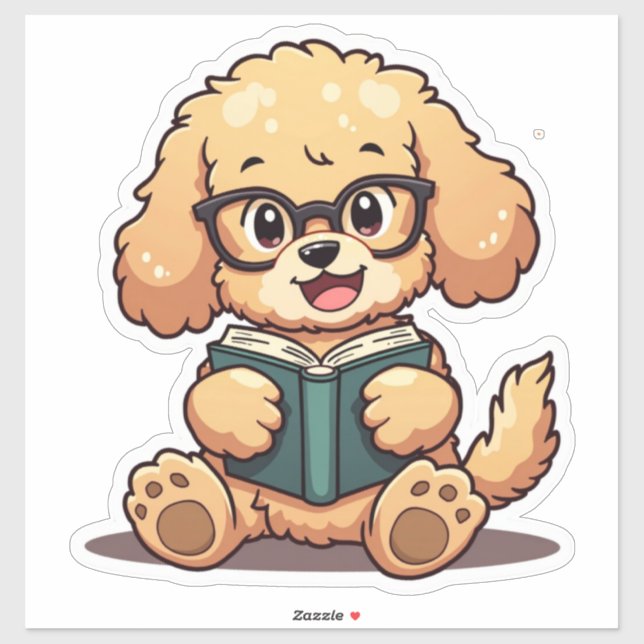 Adesivo Kawaii Poodle Lendo um Livro (Folha)