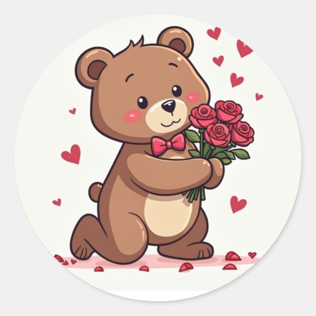 Adesivo Kawaii - Proposta de Urso Romântico com Rosas e Co (Frente)
