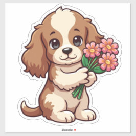 Adesivo Kawaii Pup Segurando Flores