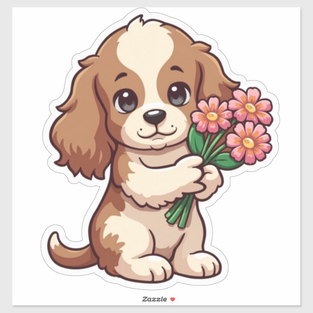 Adesivo Kawaii Pup Segurando Flores (Folha)
