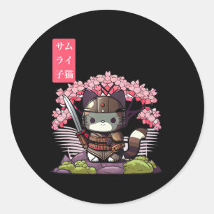Adesivo Kawaii Samurai Kitten com Cherry Blossom Japonês