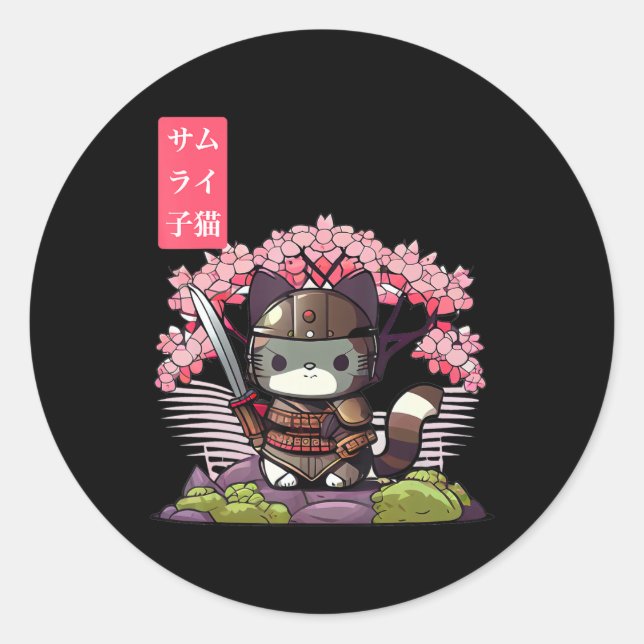 Adesivo Kawaii Samurai Kitten com Cherry Blossom Japonês (Frente)