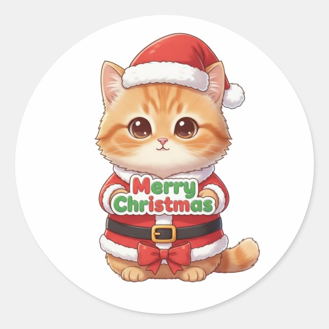 Adesivo Kawaii Santa Cat Merry Christmas (Frente)