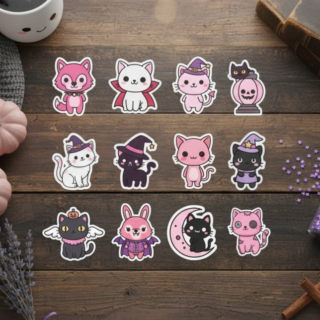 Adesivo Kawaii Spooky Cat Sticker Pack (Pastel Halloween Feline Friends & Witchy Kitties)