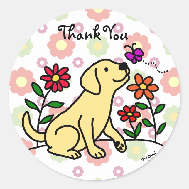 Adesivo Kawaii Yellow Labrador Cartoon Floral (Frente)