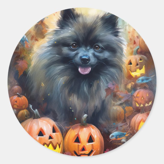 Adesivo Keeshond de Halloween com Abóboras Assustadoras (Frente)