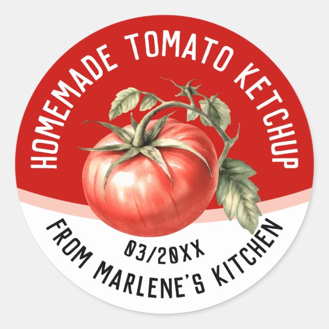 Adesivo ketchup de tomate caseiro editável com tomate verm (Frente)