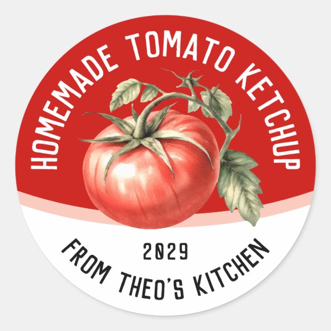 Adesivo Ketchup de tomate caseiro editável com tomate verm (Frente)