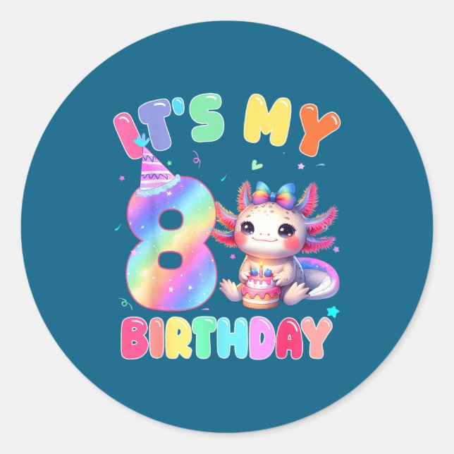 Adesivo Kids 8 Year Old Bday Cute Axolotl It's My 8th Birt (Frente)