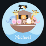 Adesivo Kids Noah's Ark Birthday Favor Sticker<br><div class="desc">Este adesivo de arca infantil Noah apresenta vários animais em uma arca em uma paisagem simples. Também incluí uma pomba e um ramo de oliveira. A imagem tem um estêncil plano como a aparência e é brilhante em cor. Os mesmos convites para design, relógio e placas estão disponíveis na loja....</div>
