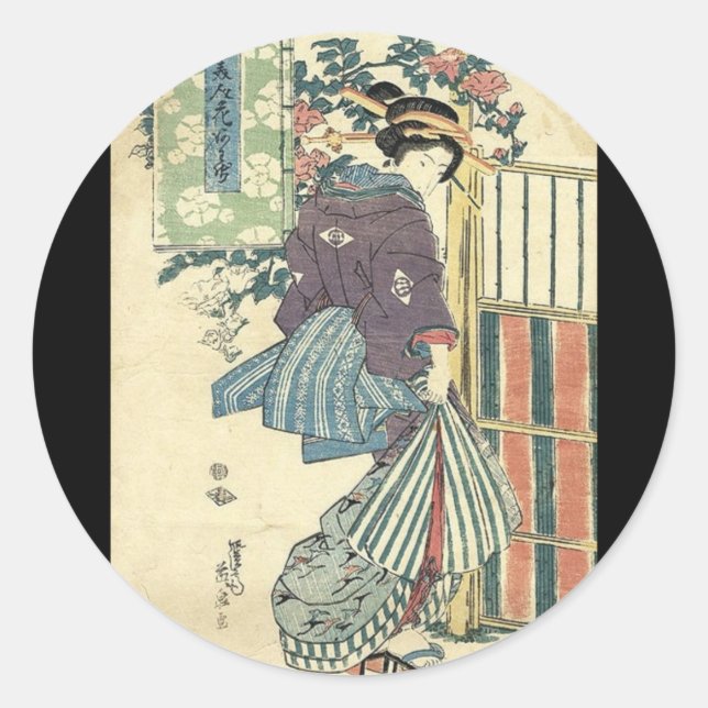 Adesivo kimono geisha tradicional de jardim ukiyo-e japonê (Frente)