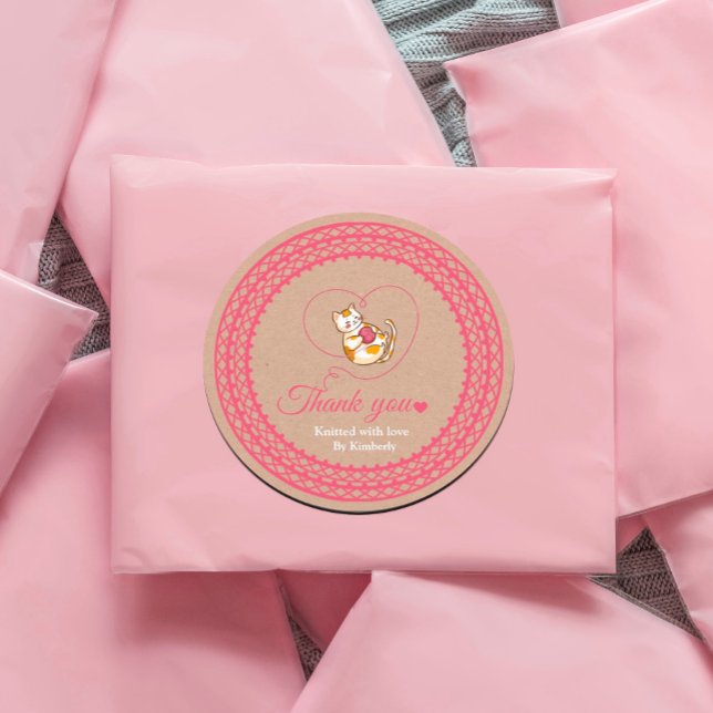 Adesivo Kitten Com Coração, Obrigado Sticker (#zazzlemade #catcrochet #crochet #knitten Ecraftpapersticker #kraftpapersticker #label)