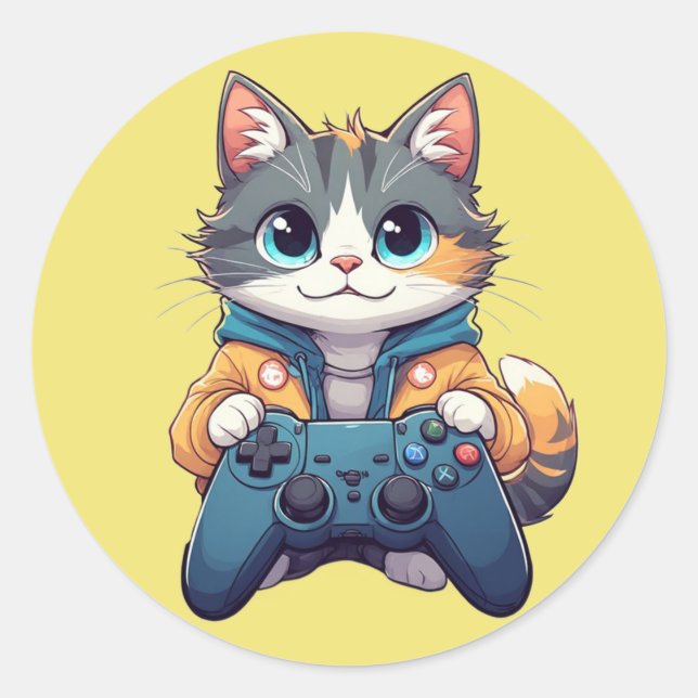 Adesivo Kitten Holding Game Controller Smiling Gamer Cat (Frente)