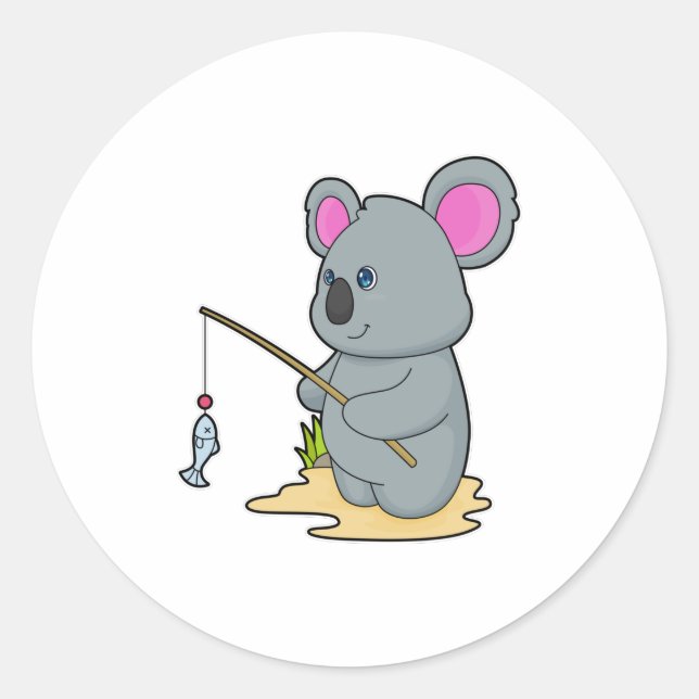 Adesivo Koala como pescador com cana de pesca e peixe (Frente)