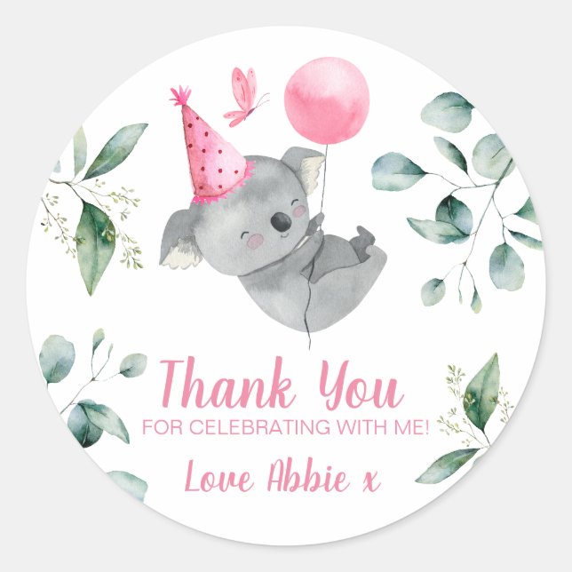 Adesivo Koala Girl Pink Birthday Favor (Frente)