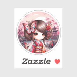 Adesivo Kokeshi com paisagem rosa, Kokeshi Sticker