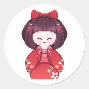 Adesivo Kokeshi Doll Kimono Sakura Japonês Fofo