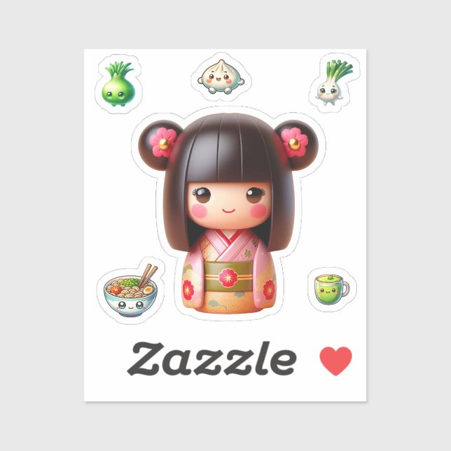 Adesivo Kokeshi Doll Sticker, Cute Kokeshi (Folha)
