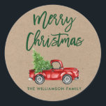 Adesivo Kraft Brush Script Christmas Envelope Seal<br><div class="desc">Roteiro Kraft Brush Watercolor Red Vintage Truck com Árvore de Natal - Nome da Família de Feliz Natal Envelope Seal</div>