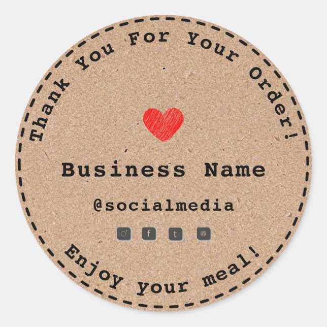 Adesivo Kraft Heart Obrigado por seu pedido de comida negó (Frente)