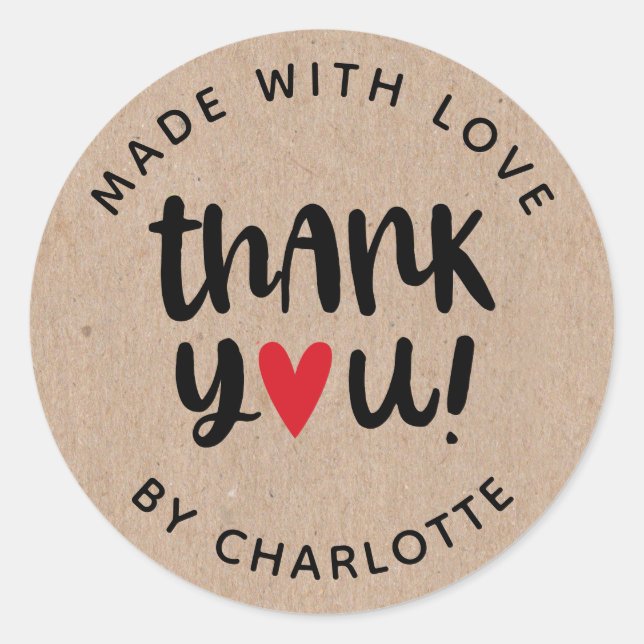 Adesivo Kraft Personalizado Feita Com Amor Obrigado (Frente)