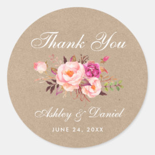 Adesivo Kraft Pink Blush Floral Casamento Obrigado