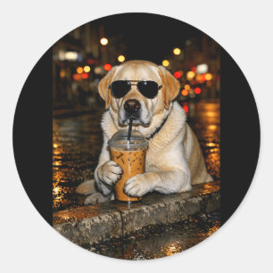 Adesivo Labrador retriever engraçado bebendo café gelado f