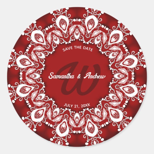 Adesivo Lace Boêmiano Vermelho e Branco Salvar a Data (Frente)