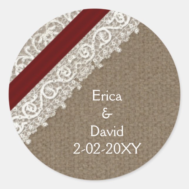 Adesivo Lace vermelho FAUX e burlap, selos de casamento (Frente)